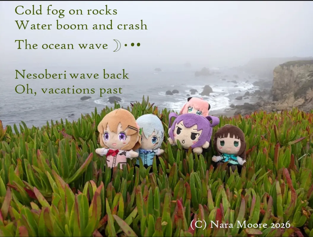 Nesos in icy plant overlooking a foggy and rocky sea

Poem••⋅☾ #和歌 / #短歌 ☽⋅••

Cold fog on rocks
Water boom and crash 
The ocean wave ☽⋅••

Nesoberi wave back
Oh, vacations past

••⋅☾ #Tanka ☽⋅••