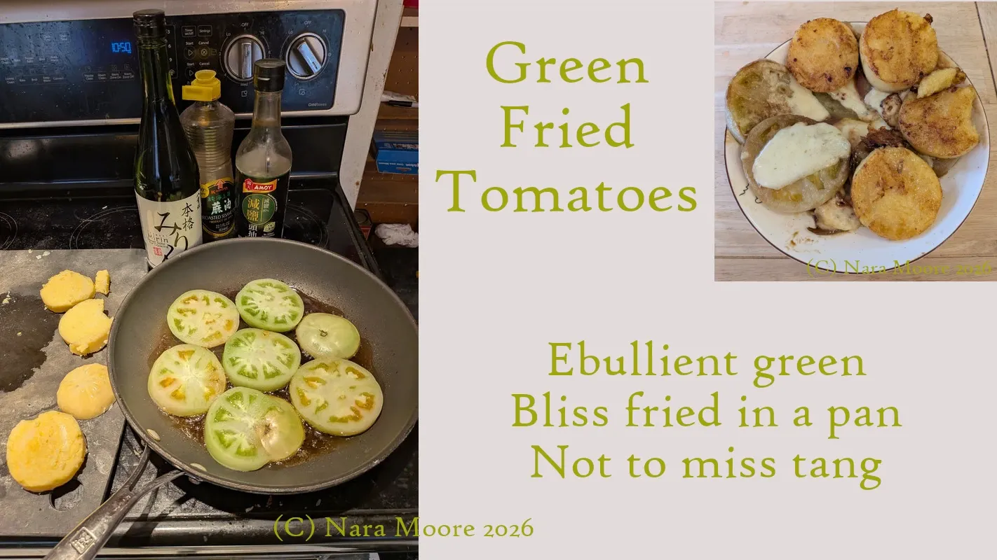 Test: Left: Green tomatoes in a frying pan
Right: Cooked green tomatoes and polenta

Poem:
# Green Fried Tomatoes
••⋅☾ #俳句 ☽⋅••

Ebullient green
Bliss fried in a pan
Not to miss tang

••⋅☾ #Haiku ☽⋅••